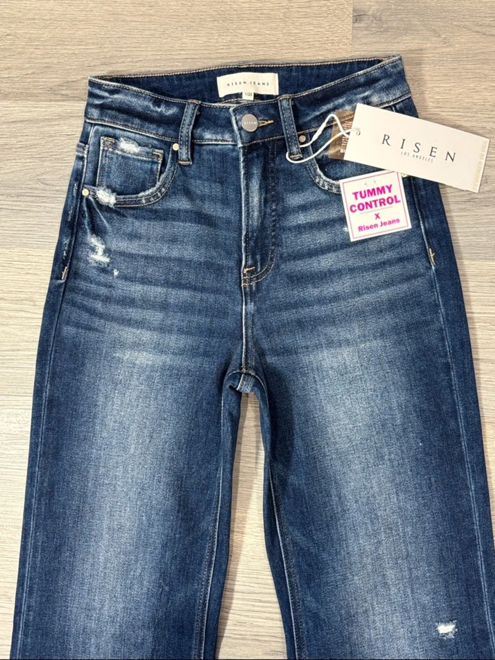 Risen Tummy Control High Rise Distressed Straight Jeans - size 1/25 NWT - Picture 3 of 9